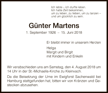 Todesanzeige von Günter Martens von HNA