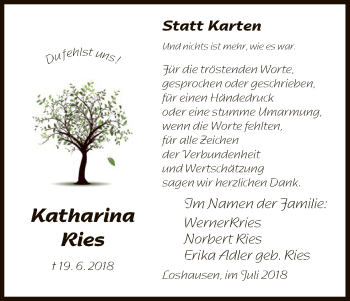 Todesanzeige von Kathrina Ries von HNA