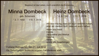 Todesanzeige von Minna und Heinz Dombeck von HNA