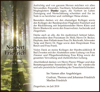 Todesanzeige von Norbert Friedrich von HNA