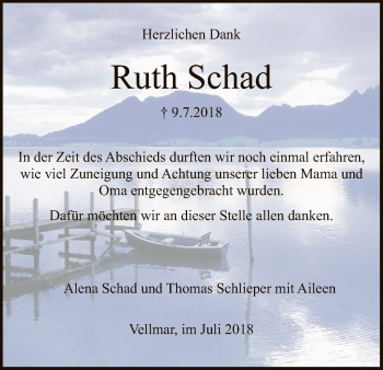 Todesanzeige von Ruth Schad von HNA