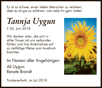Todesanzeige von Tannja Uygun von HNA
