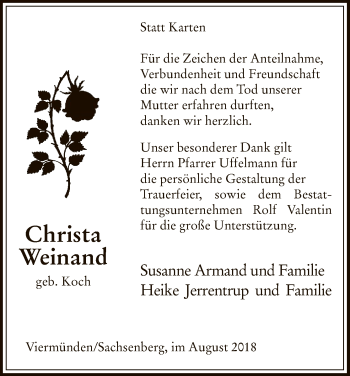 Todesanzeige von Christa Weinand von HNA