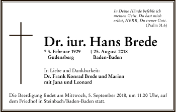 Todesanzeige von Hans Brede von HNA