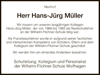 Todesanzeige von Hans-Jürg Müller von HNA