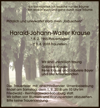 Todesanzeige von Harald-Johann-Walter Krause von HNA