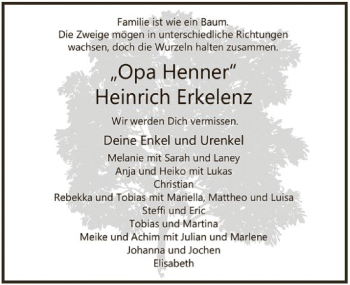 Todesanzeige von Heinrich Erkelenz von HNA