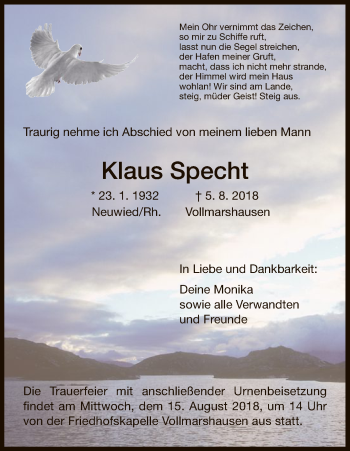 Todesanzeige von Klaus Specht von HNA