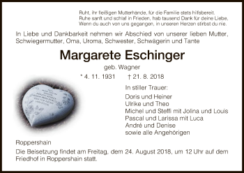 Todesanzeige von Margarete Eschinger von HNA