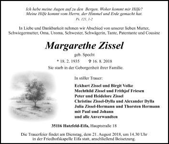 Todesanzeige von Margarethe Zissel von HNA