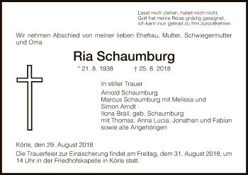 Todesanzeige von Ria Schaumburg von HNA
