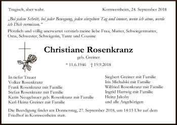 Todesanzeige von Christiane Rosenkranz von HNA