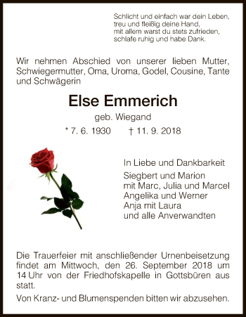 Todesanzeige von Else Emmerich von HNA