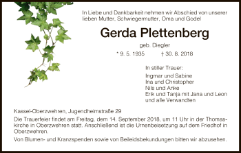 Todesanzeige von Gerda Plettenberg von HNA