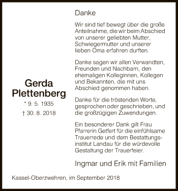 Todesanzeige von Gerda Plettenberg von HNA