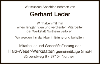 Todesanzeige von Gerhard Leder von HNA