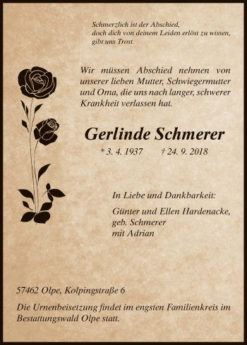 Todesanzeige von Gerlinde Schmerer von HNA