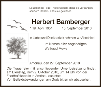 Todesanzeige von Herbert Bamberger von HNA