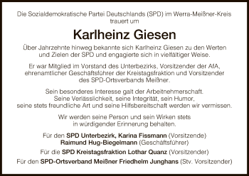 Todesanzeige von Karlheinz Giesen von HNA
