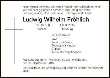 Todesanzeige von Ludwig Wilhelm Fröhlich von HNA