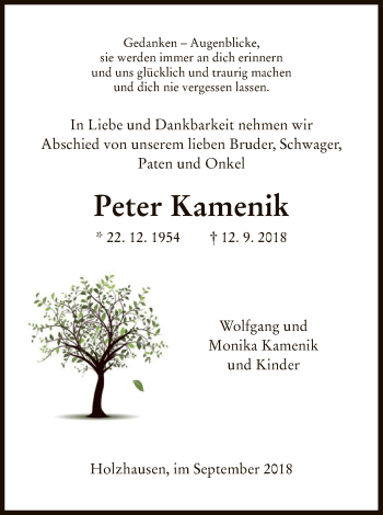 Todesanzeige von Peter Kamenik von HNA