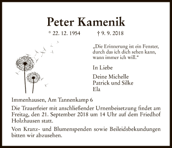 Todesanzeige von Peter Kamenik von HNA