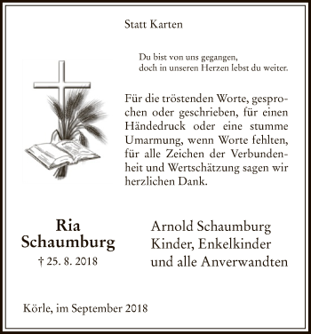Todesanzeige von Ria Schaumburg von HNA