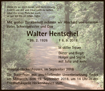 Todesanzeige von Walter Hentschel von HNA