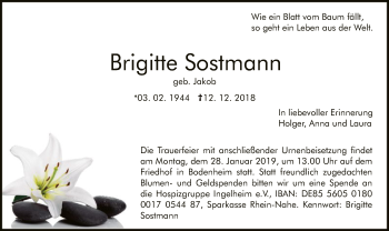 Todesanzeige von Brigitte Sostmann von HNA