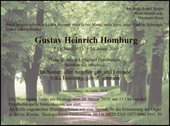 Todesanzeige von Gustav Heinrich Homburg von HNA