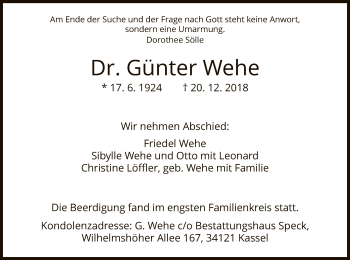 Todesanzeige von Günter Wehe von HNA