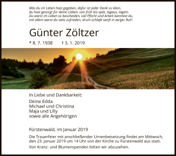 Todesanzeige von Günter Zöltzer von HNA