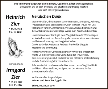 Todesanzeige von Heinrich und Irmgard Zier von HNA