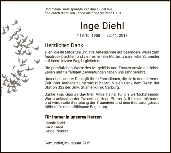 Todesanzeige von Inge Diehl von HNA