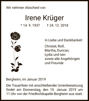 Todesanzeige von Irene Krüger von HNA