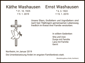 Todesanzeige von Käthe und Ernst Washausen von HNA