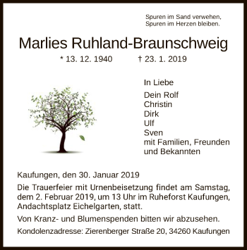 Todesanzeige von Marlies Ruhland-Braunschweig von HNA