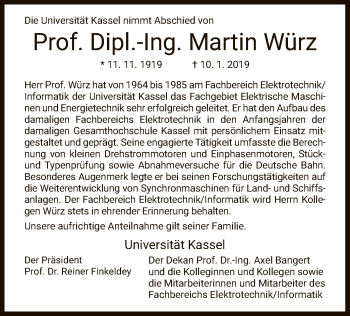 Todesanzeige von Martin Würz von HNA
