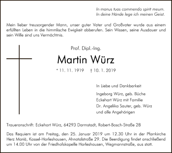 Todesanzeige von Martin Würz von HNA