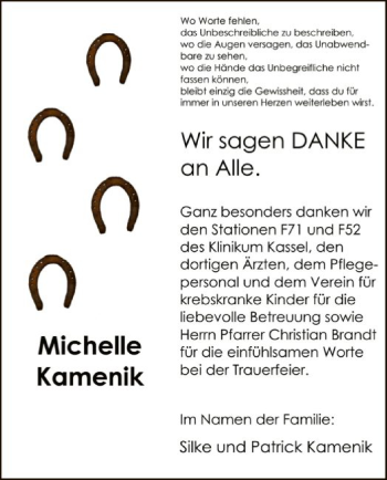 Todesanzeige von Michelle Kamenik von HNA