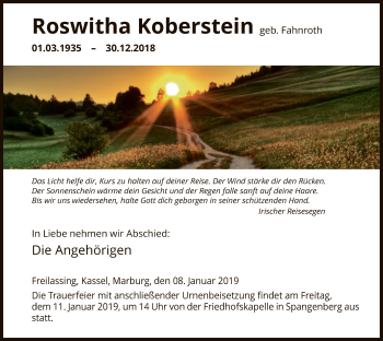 Todesanzeige von Roswitha Koberstein von HNA