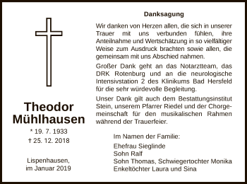 Todesanzeige von Theodor Mühlhausen von HNA
