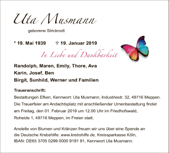 Todesanzeige von Uta Musmann von HNA