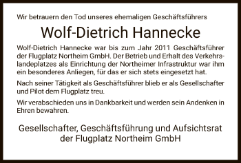 Todesanzeige von Walter-Dietrich Hannecke von HNA