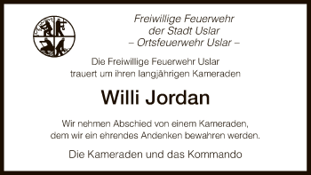 Todesanzeige von Willi Jordan von HNA
