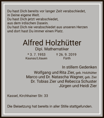 Todesanzeige von Alfred Holzhütter von HNA