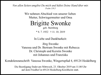 Todesanzeige von Brigitte Swonke von HNA