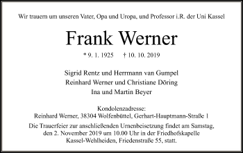 Todesanzeige von Frank Werner von HNA