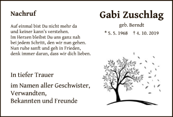 Todesanzeige von Gabi Zuschlag von HNA