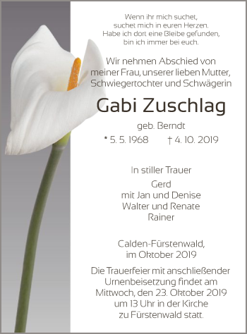 Todesanzeige von Gabi Zuschlag von HNA